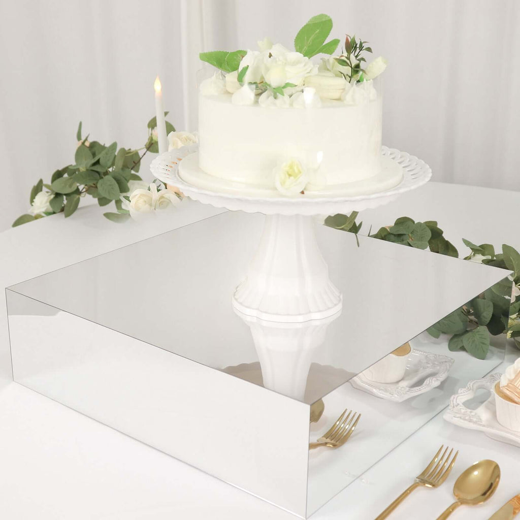 Acrylic Cake Box Stand Pedestal Riser Mirror Finish Silver - Decorative Display for Weddings 18"x18" - Bell Racket Store