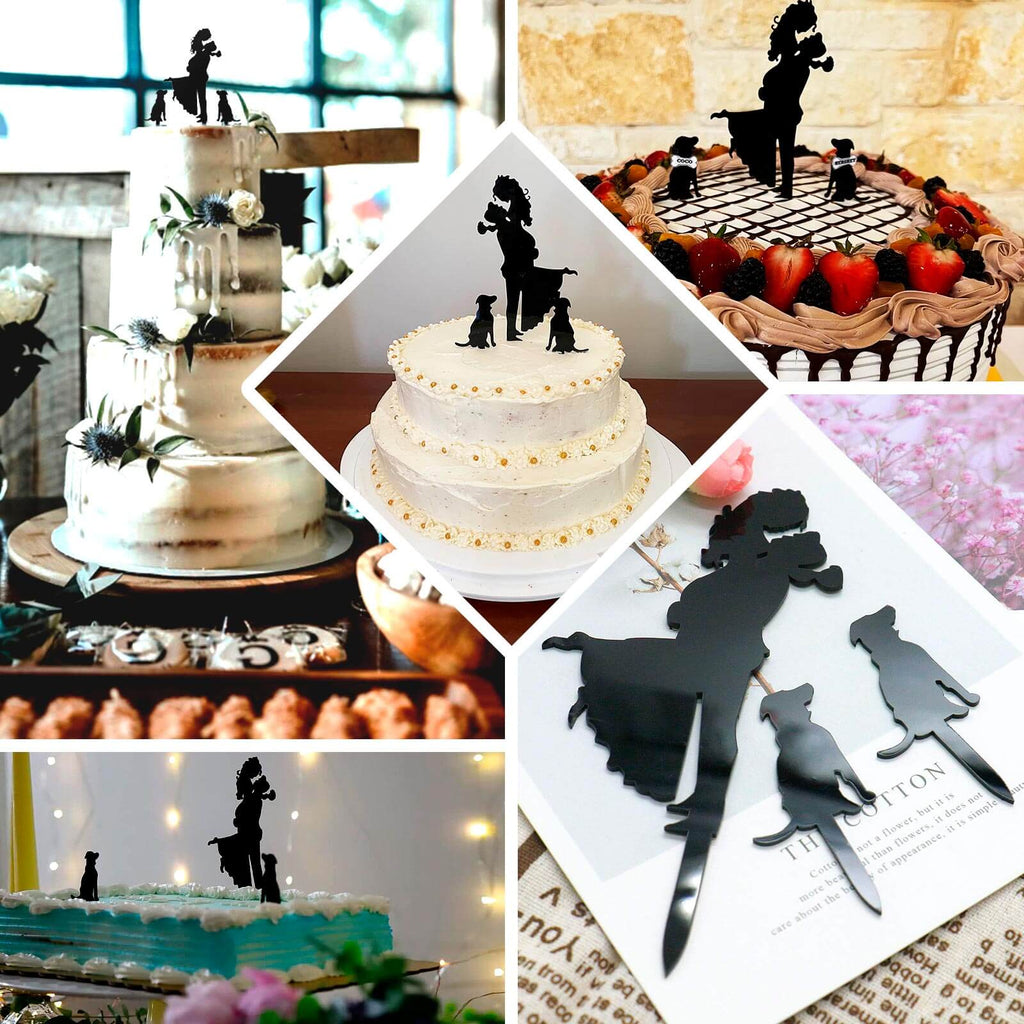 Acrylic Cake Toppers Black Silhouette Design of Bride, Groom, and Pet Dogs - Wedding Cake Decoration Set 7" - Bell Racket Store