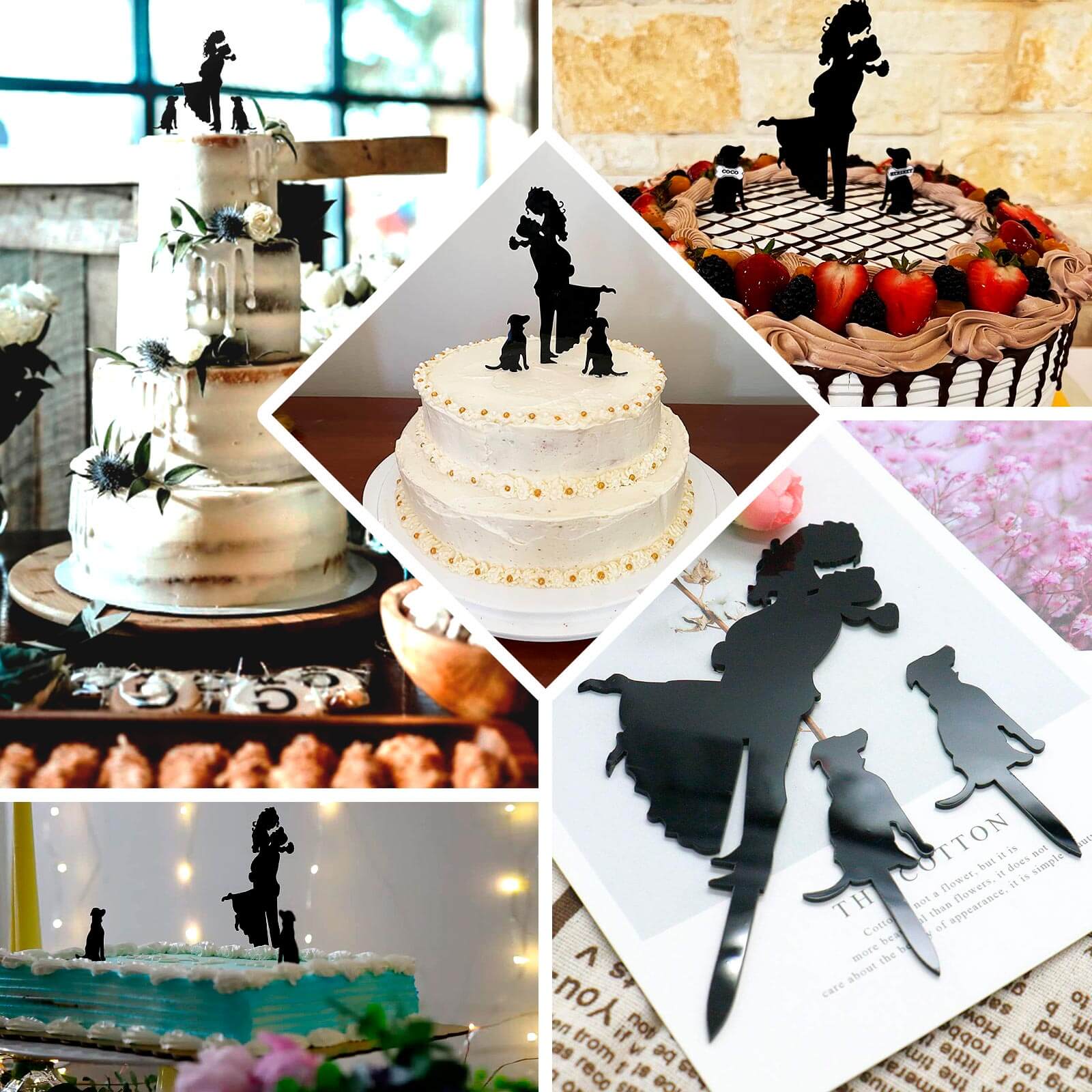 Acrylic Cake Toppers Black Silhouette Design of Bride, Groom, and Pet Dogs - Wedding Cake Decoration Set 7" - Bell Racket Store