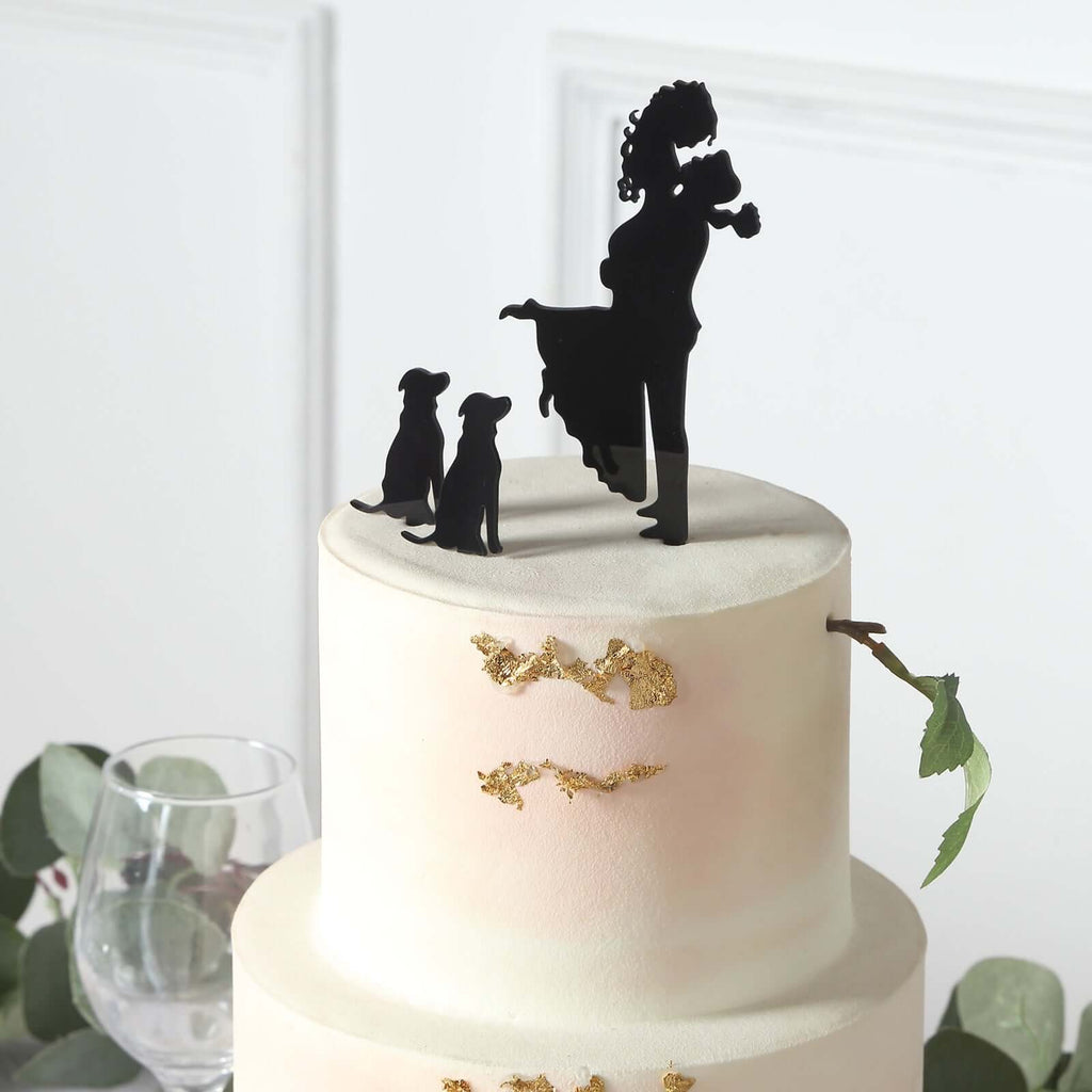 Acrylic Cake Toppers Black Silhouette Design of Bride, Groom, and Pet Dogs - Wedding Cake Decoration Set 7" - Bell Racket Store