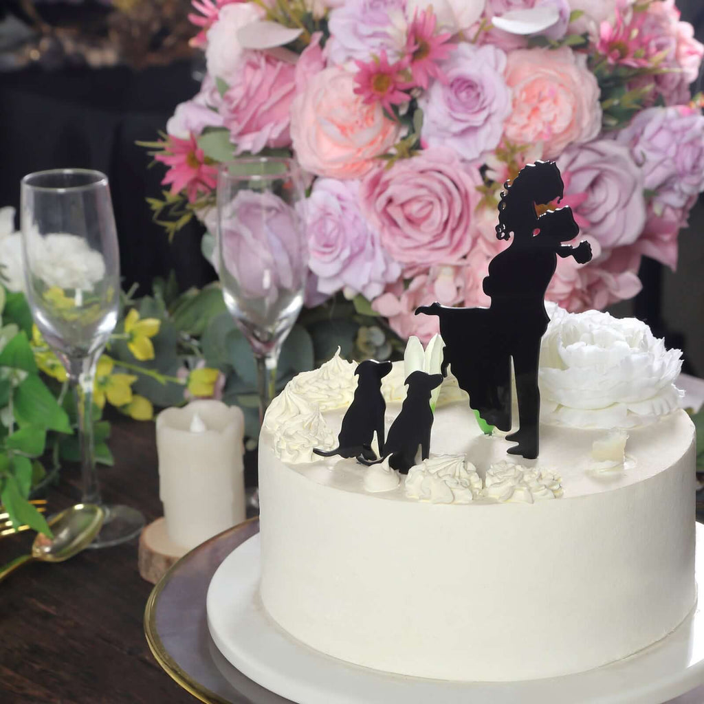 Acrylic Cake Toppers Black Silhouette Design of Bride, Groom, and Pet Dogs - Wedding Cake Decoration Set 7" - Bell Racket Store