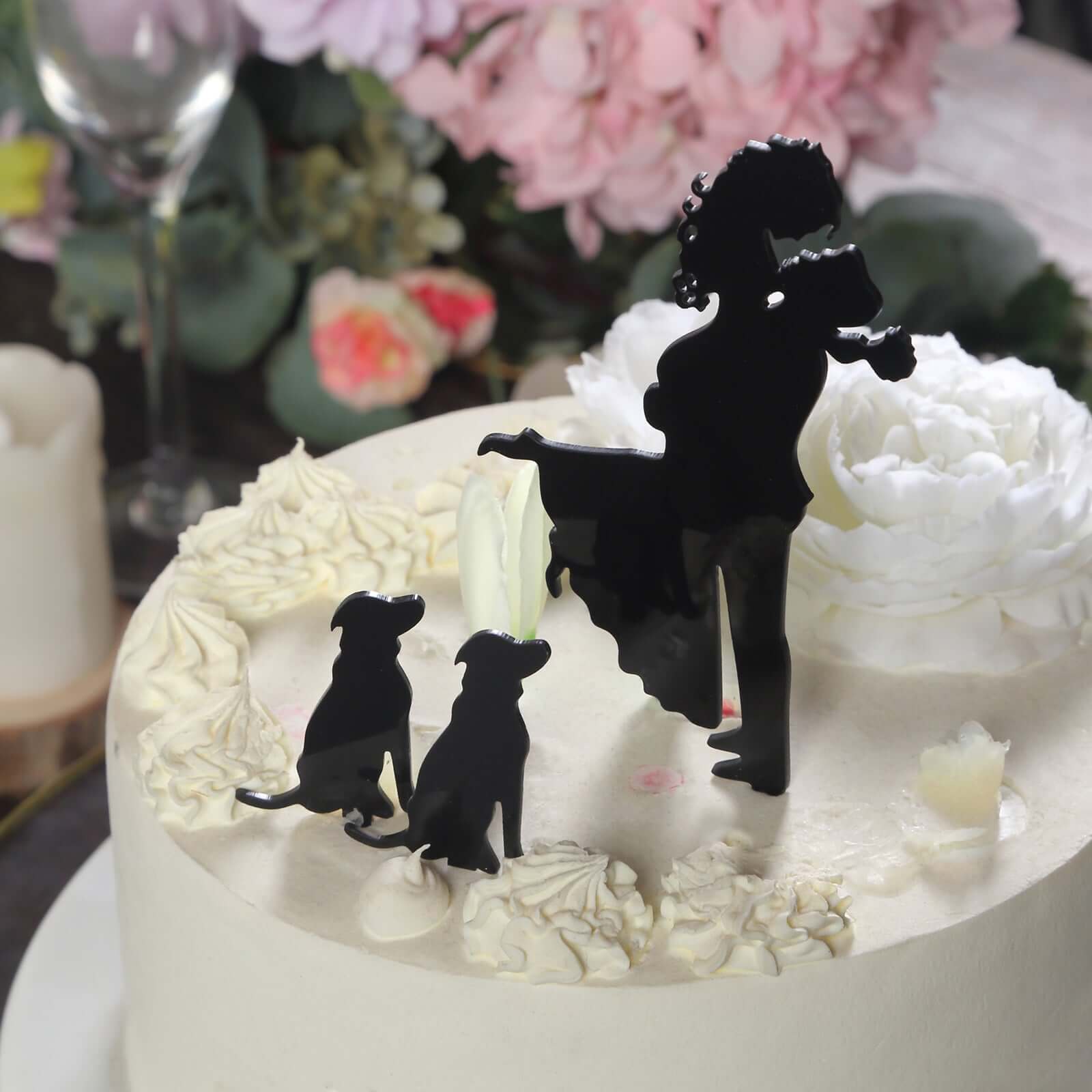 Acrylic Cake Toppers Black Silhouette Design of Bride, Groom, and Pet Dogs - Wedding Cake Decoration Set 7" - Bell Racket Store
