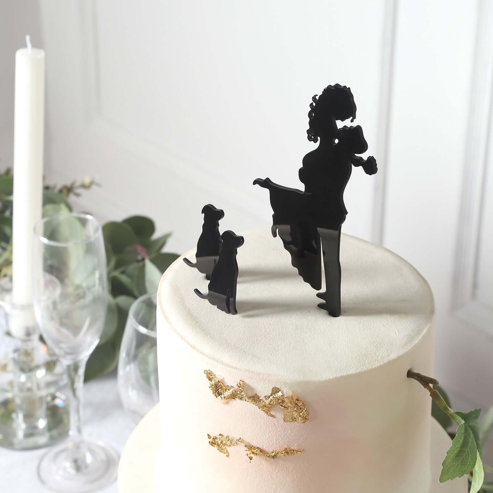 Acrylic Cake Toppers Black Silhouette Design of Bride, Groom, and Pet Dogs - Wedding Cake Decoration Set 7" - Bell Racket Store
