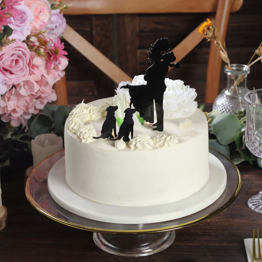 Acrylic Cake Toppers Black Silhouette Design of Bride, Groom, and Pet Dogs - Wedding Cake Decoration Set 7" - Bell Racket Store
