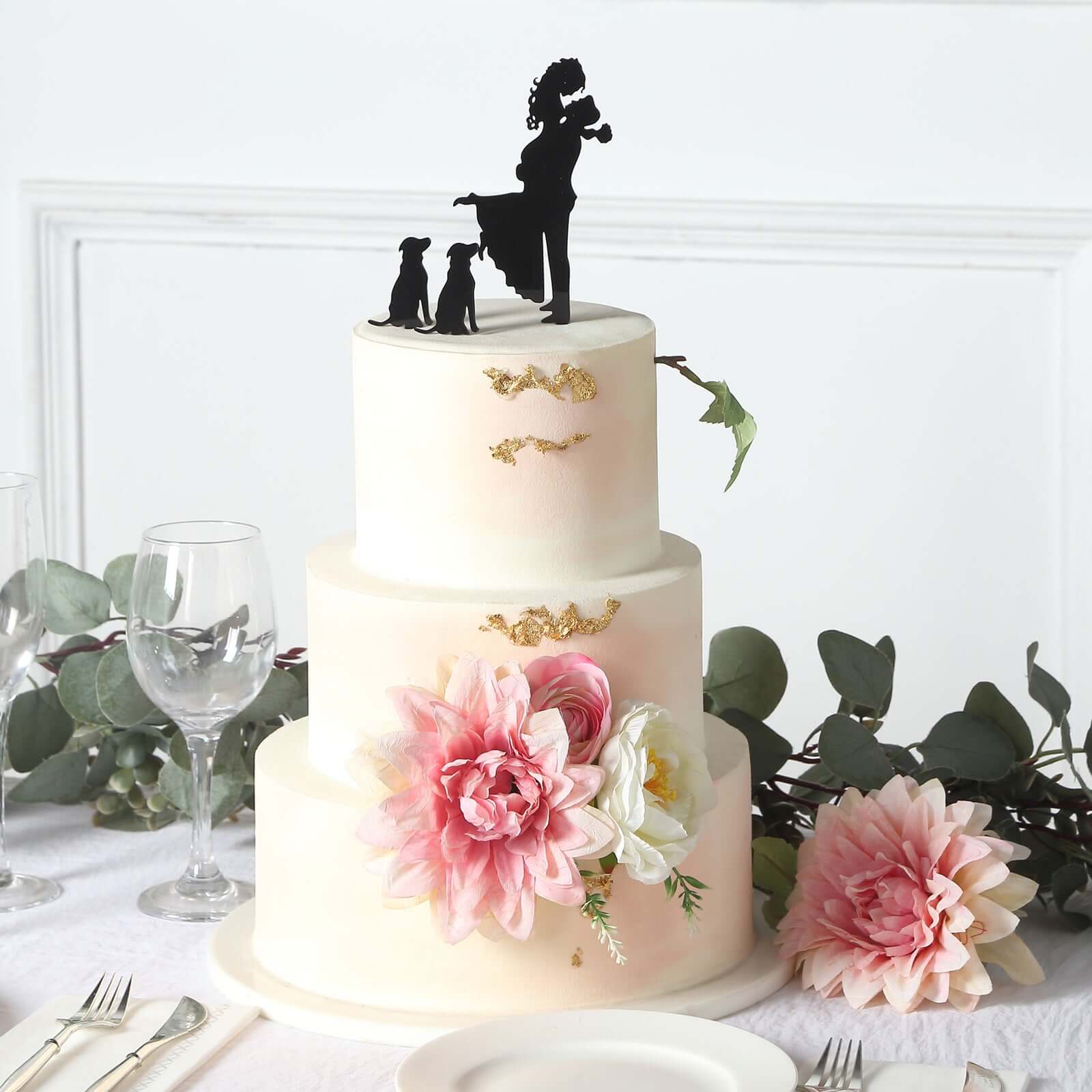 Acrylic Cake Toppers Black Silhouette Design of Bride, Groom, and Pet Dogs - Wedding Cake Decoration Set 7" - Bell Racket Store