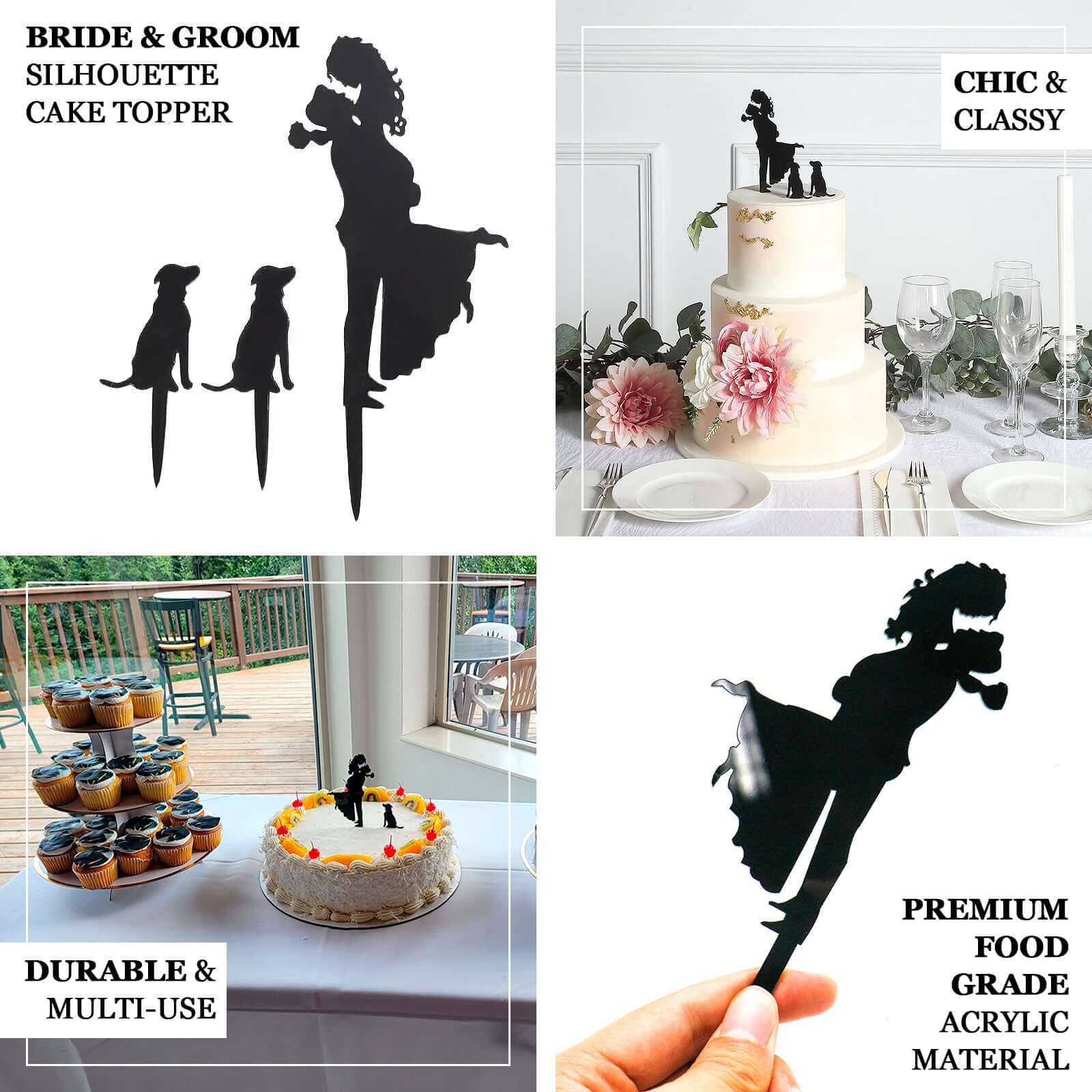 Acrylic Cake Toppers Black Silhouette Design of Bride, Groom, and Pet Dogs - Wedding Cake Decoration Set 7" - Bell Racket Store