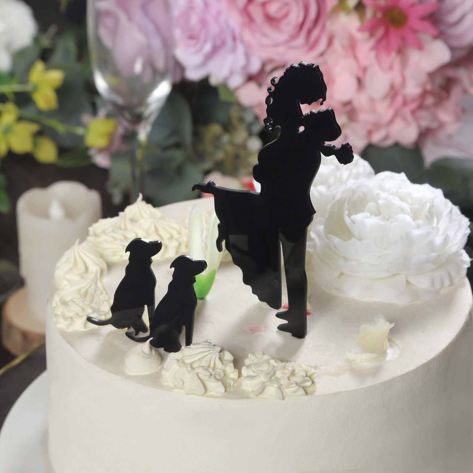 Acrylic Cake Toppers Black Silhouette Design of Bride, Groom, and Pet Dogs - Wedding Cake Decoration Set 7" - Bell Racket Store
