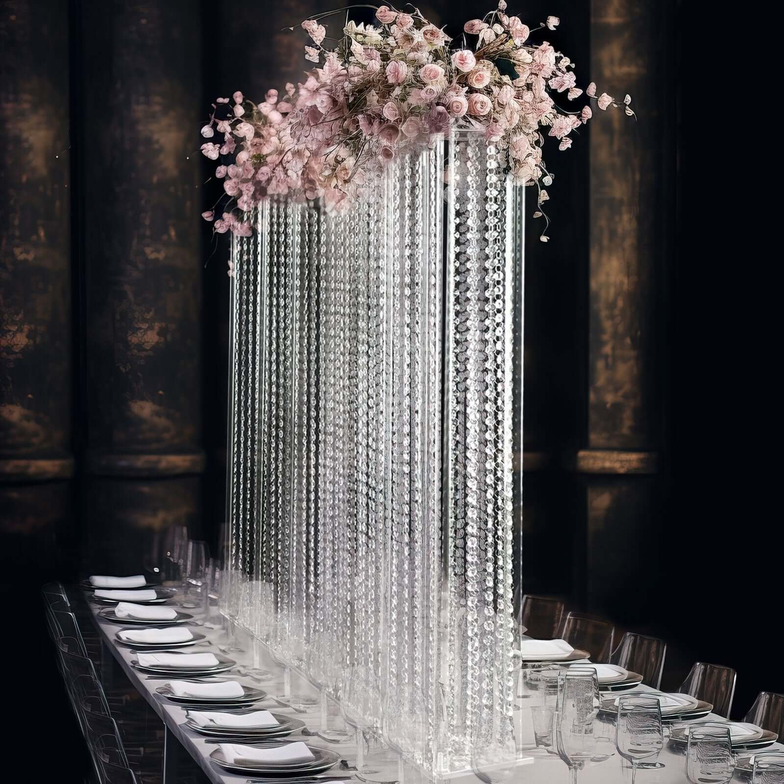 Acrylic Centerpiece Stand Rectangular Design with Pre - chained Crystal Beads Clear - Durable Flower Pedestal for Table or Floor 40"x40" - Bell Racket Store