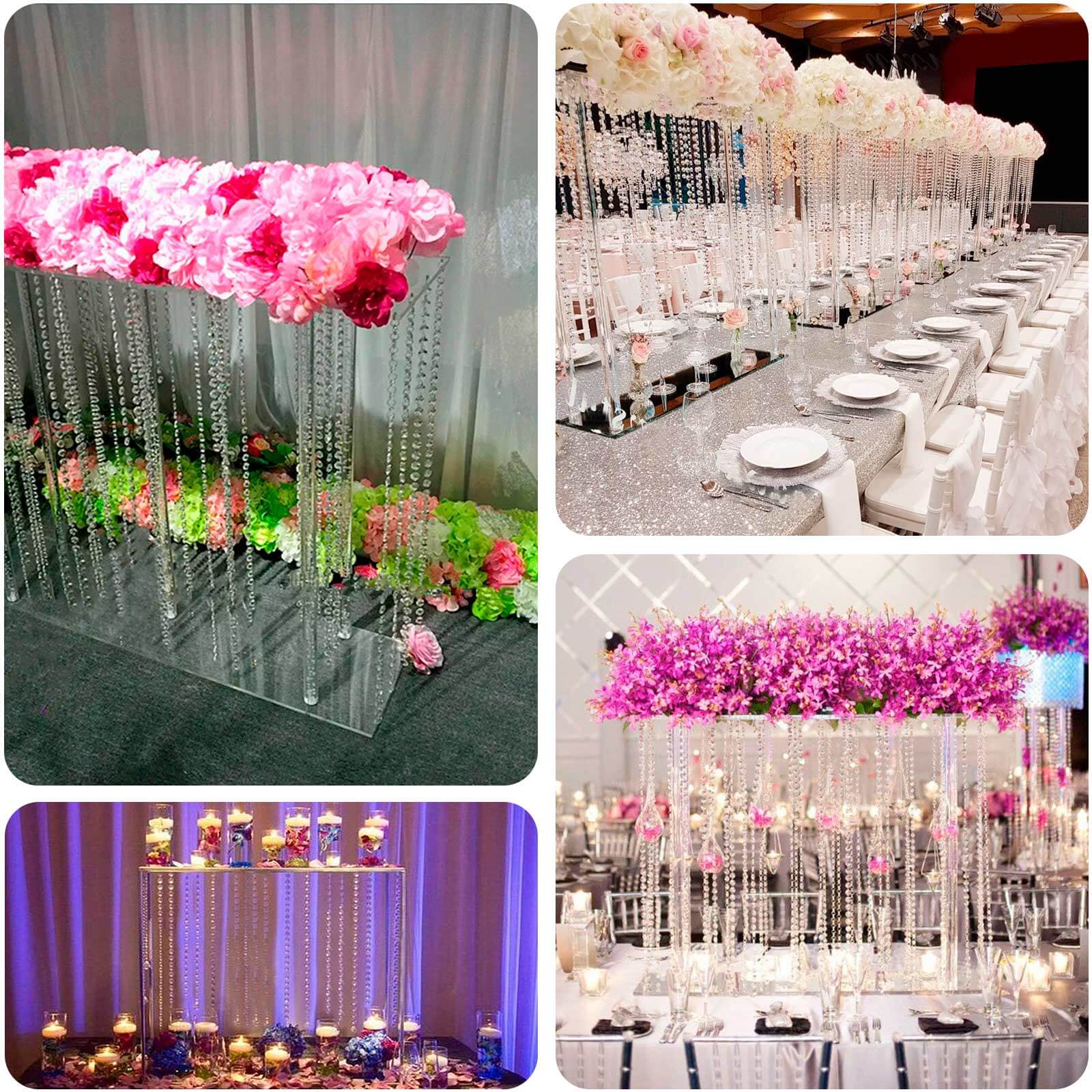 Acrylic Centerpiece Stand Rectangular Design with Pre - chained Crystal Beads Clear - Durable Flower Pedestal for Table or Floor 40"x40" - Bell Racket Store