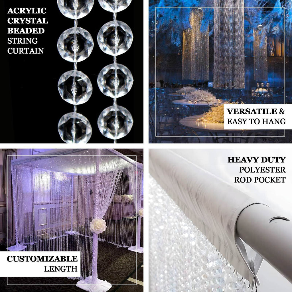 Acrylic Crystal Beaded Curtain with Fabric Rod Pocket, 43 Strands Room Divider Clear Diamond Cut Beads Doorway String Curtain - 5ftx12ft - Bell Racket Store