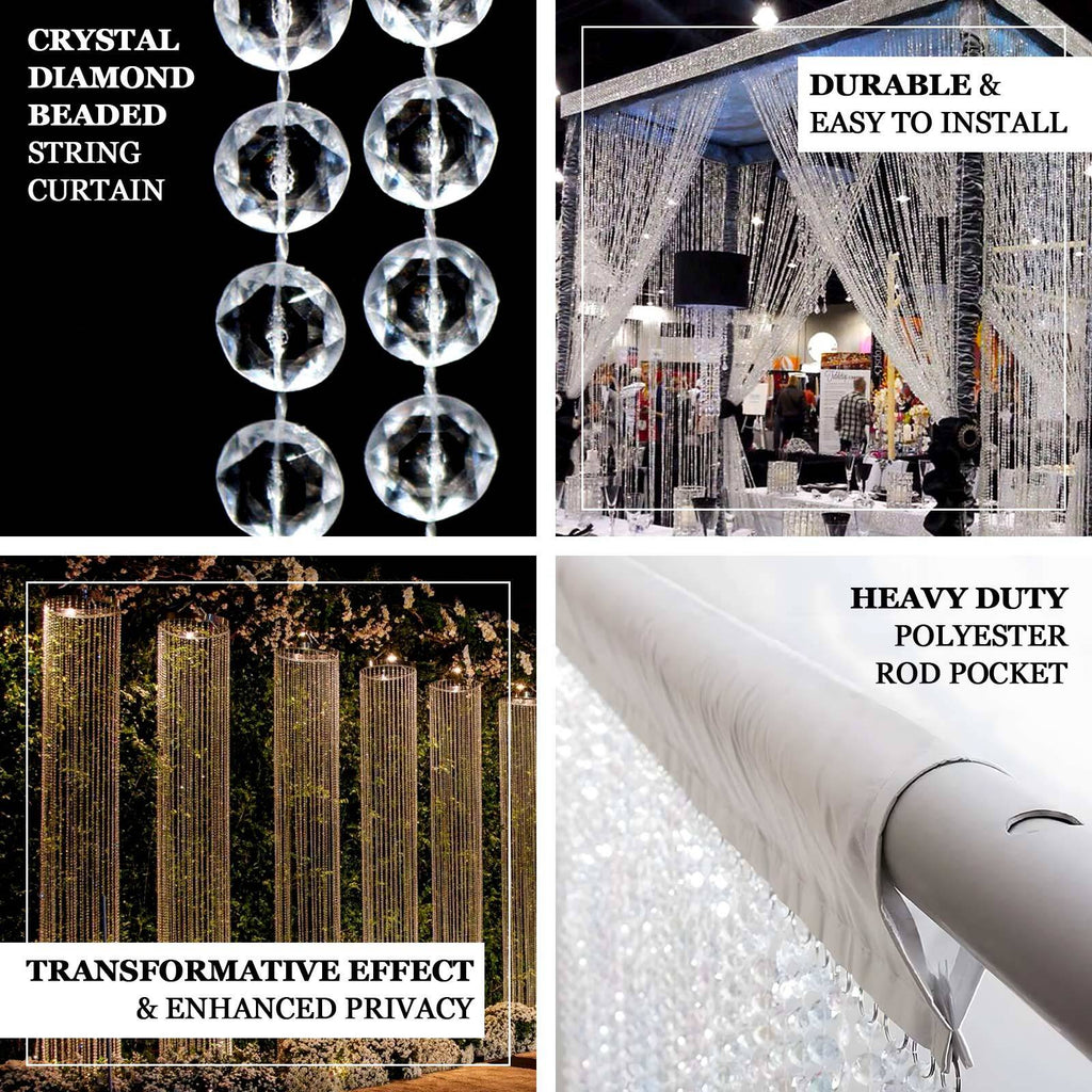 Acrylic Crystal Beaded Curtain with Fabric Rod Pocket, 43 Strands Room Divider Clear Diamond Cut Beads Doorway String Curtain - 5ftx16ft - Bell Racket Store