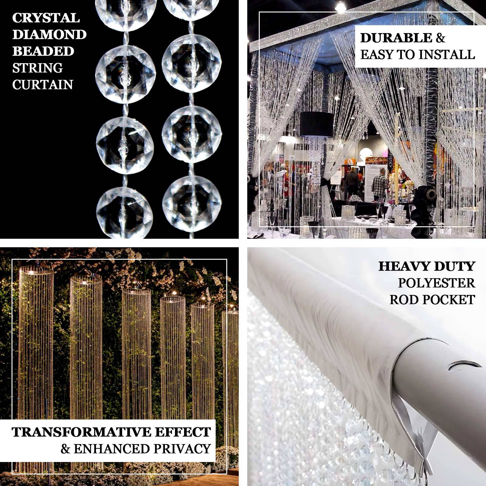 Acrylic Crystal Beaded Curtain with Fabric Rod Pocket, 43 Strands Room Divider Clear Diamond Cut Beads Doorway String Curtain - 5ftx16ft - Bell Racket Store