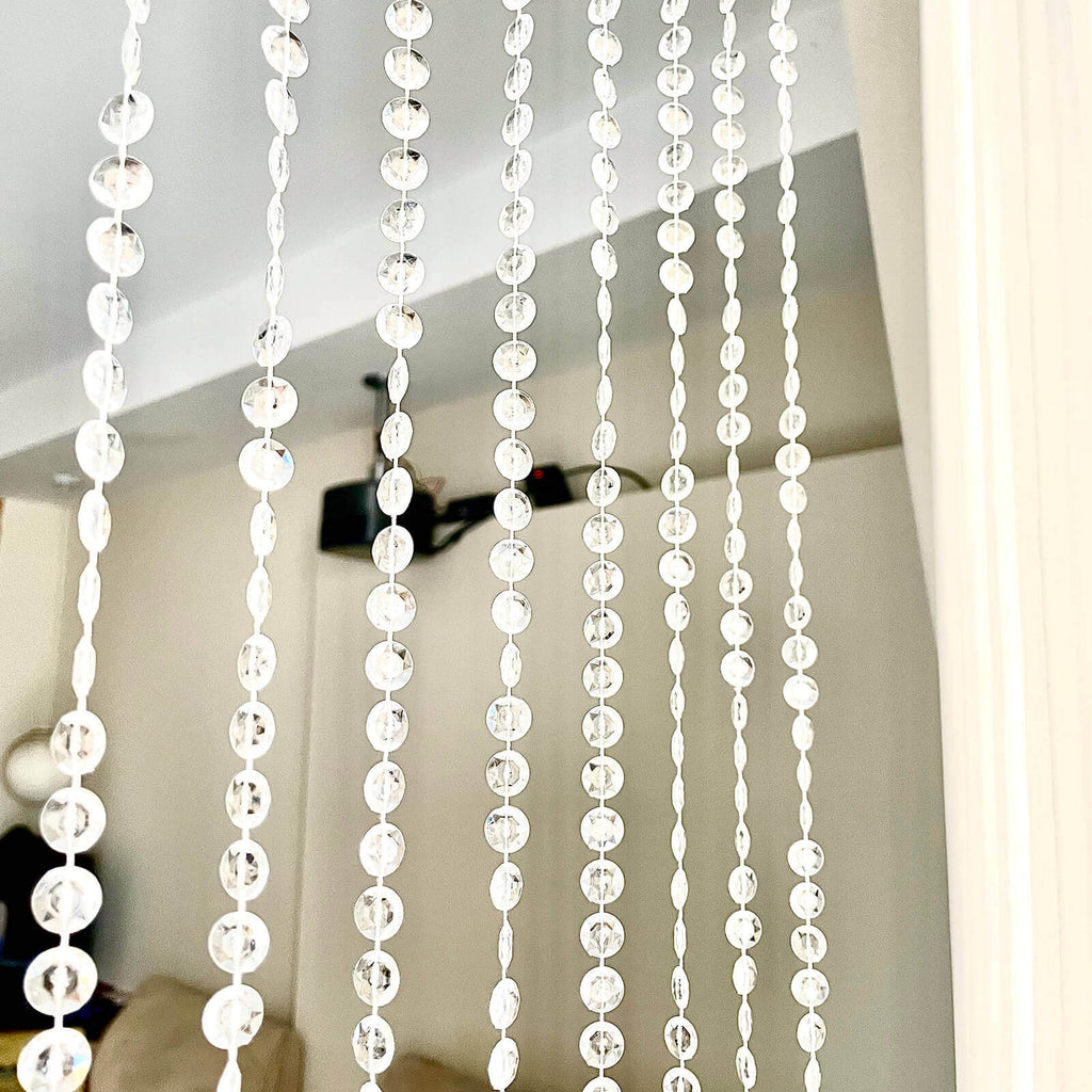 Acrylic Crystal Beaded Curtain with Fabric Rod Pocket, 43 Strands Room Divider Clear Diamond Cut Beads Doorway String Curtain - 5ftx16ft - Bell Racket Store