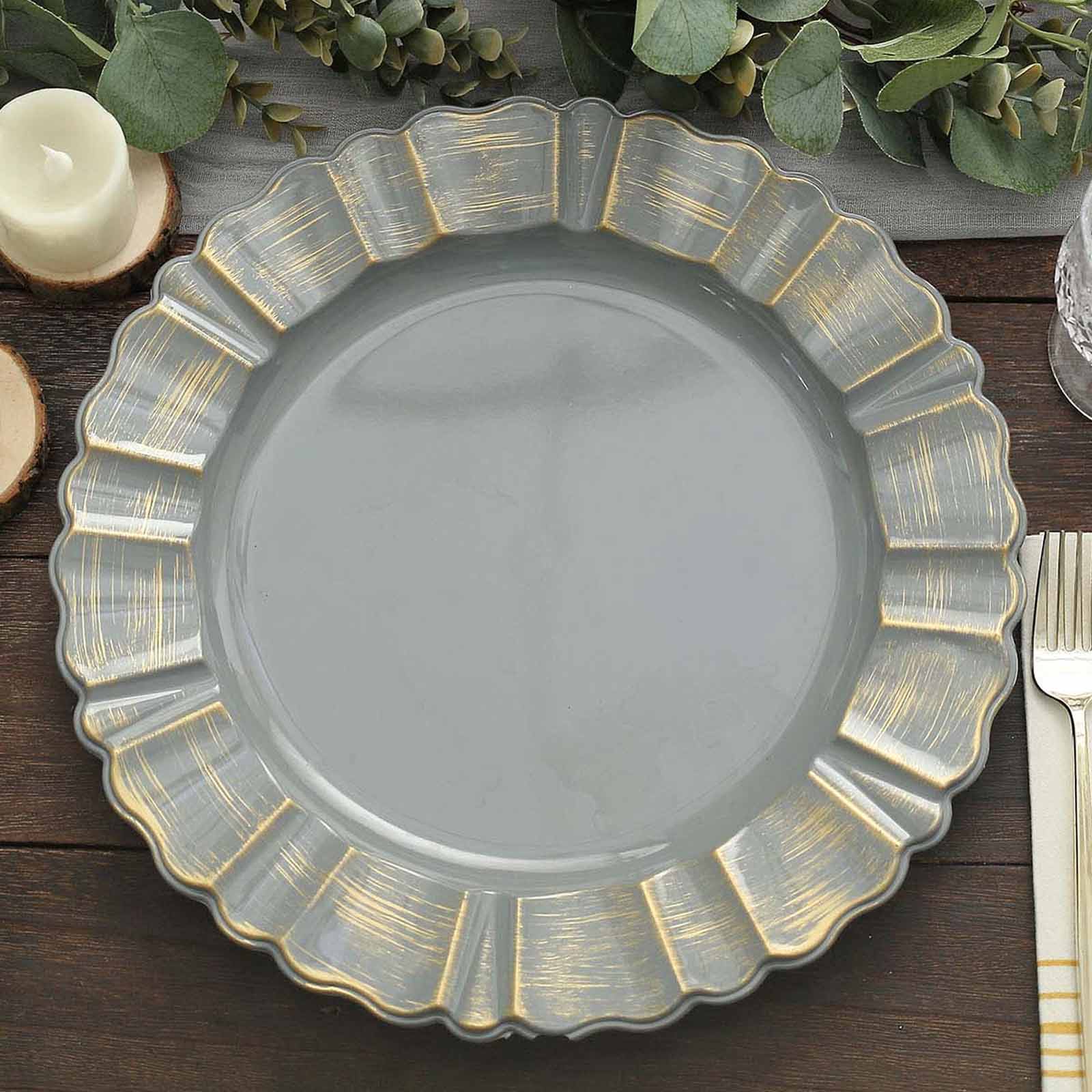 6-Pack Acrylic Plastic Round Charger Plates 13" in Charcoal Gray with Gold Brushed Wavy Scalloped Rim, Decorative Dinner Party Charger Tableware