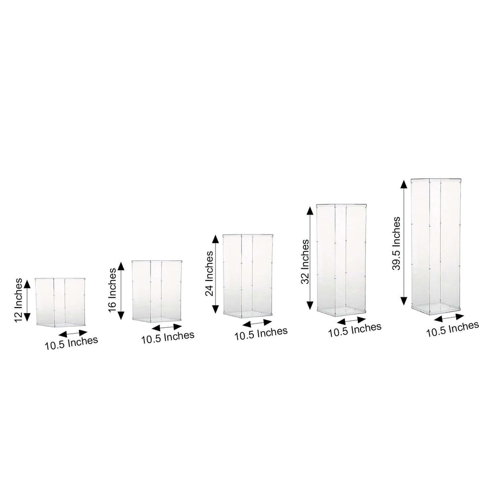 Set of 5 Clear Acrylic Display Boxes, Transparent Pedestal Risers with Interchangeable Lid and Base - 12",16",24",32",40"