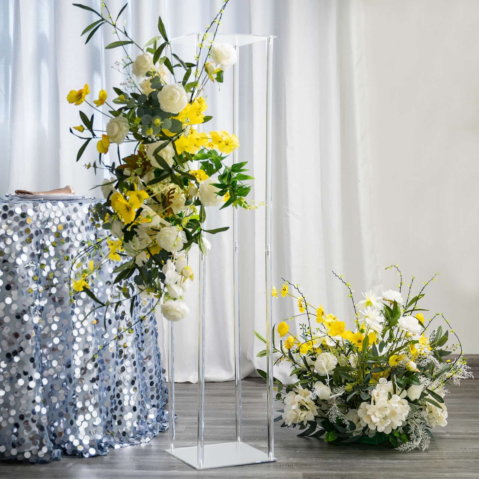 Acrylic Floor Vase Flower Stand with Square Mirror Base Clear - Decorative Wedding Column for Large Events 48"
