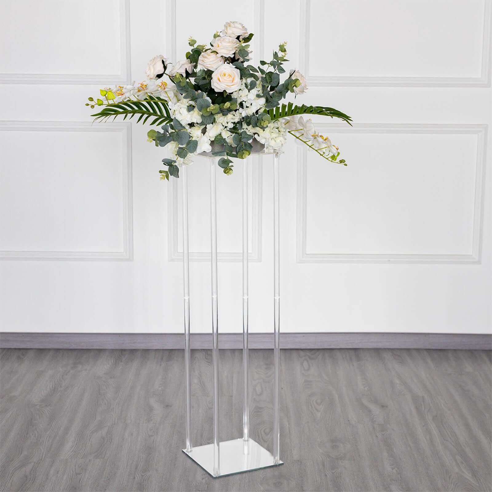 Acrylic Floor Vase Flower Stand with Square Mirror Base Clear - Durable Wedding Column Centerpiece for Events 40"