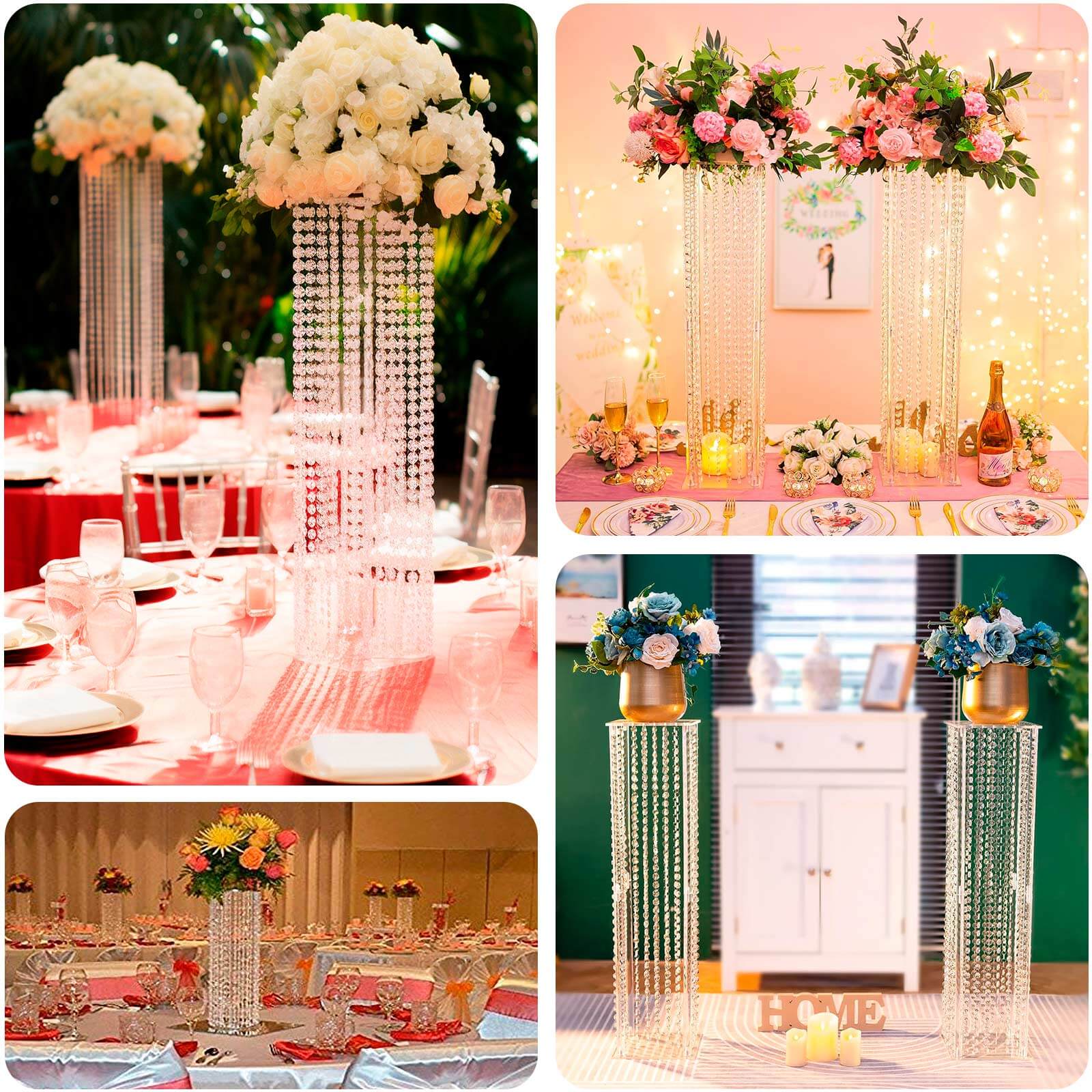 Acrylic Flower Pedestal Vase Pillar Stand with Crystal Beads Clear - Decorative Wedding Floor Centerpiece 32" - Bell Racket Store