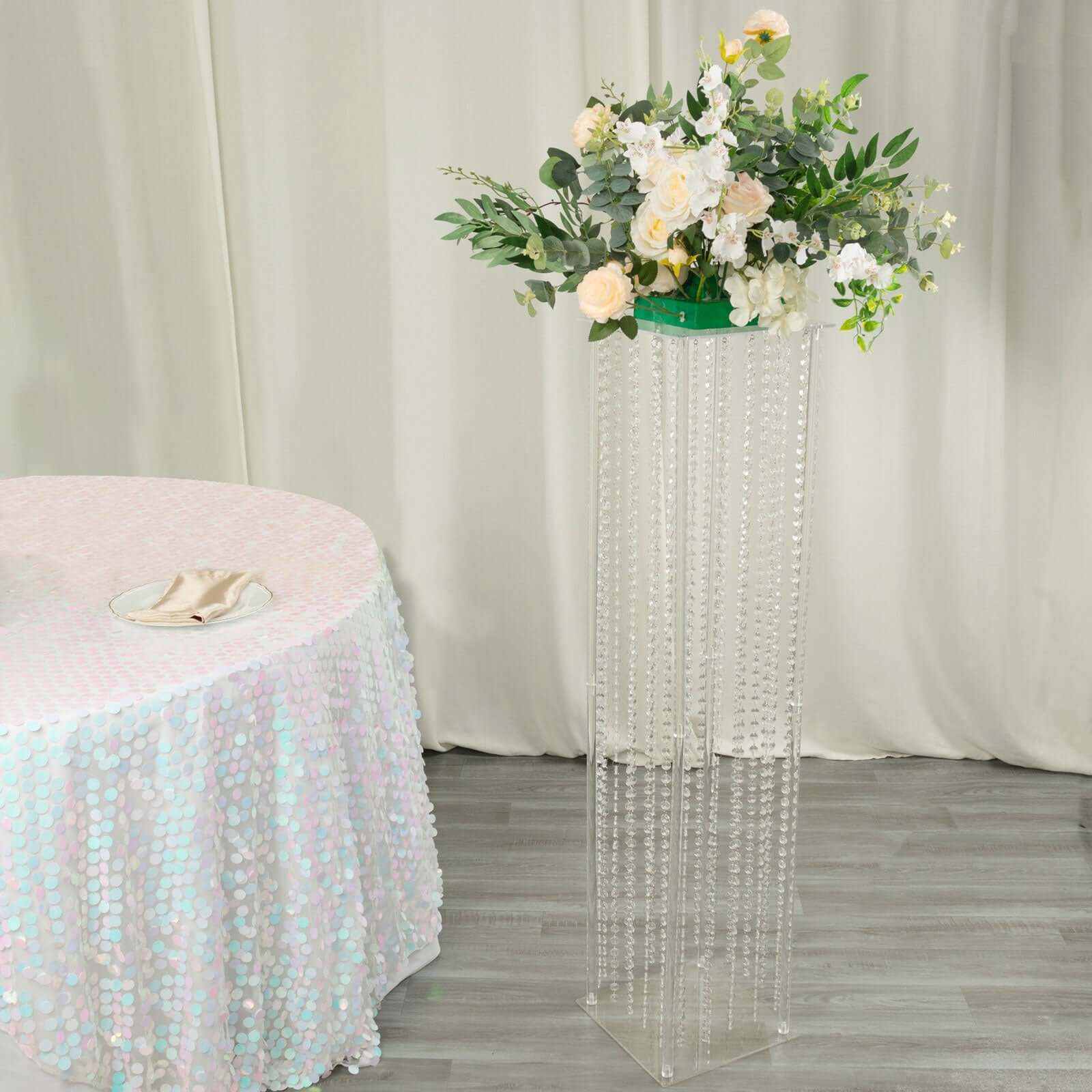 Acrylic Flower Pedestal Vase Pillar Stand with Crystal Beads Clear - Durable Wedding Floor Centerpiece for Large Displays 48" - Bell Racket Store
