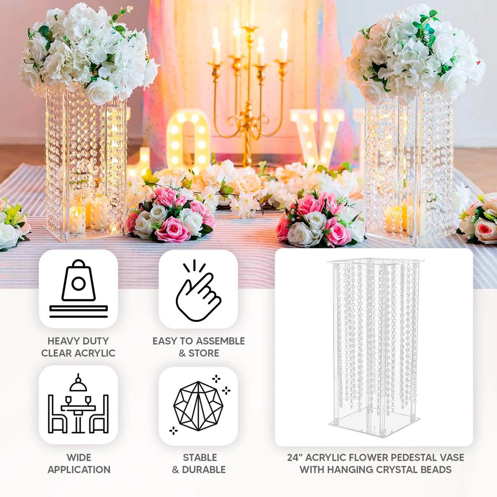 Acrylic Flower Pedestal Vase Pillar Stand with Crystal Beads Clear - Durable Wedding Table Centerpiece 24" - Bell Racket Store