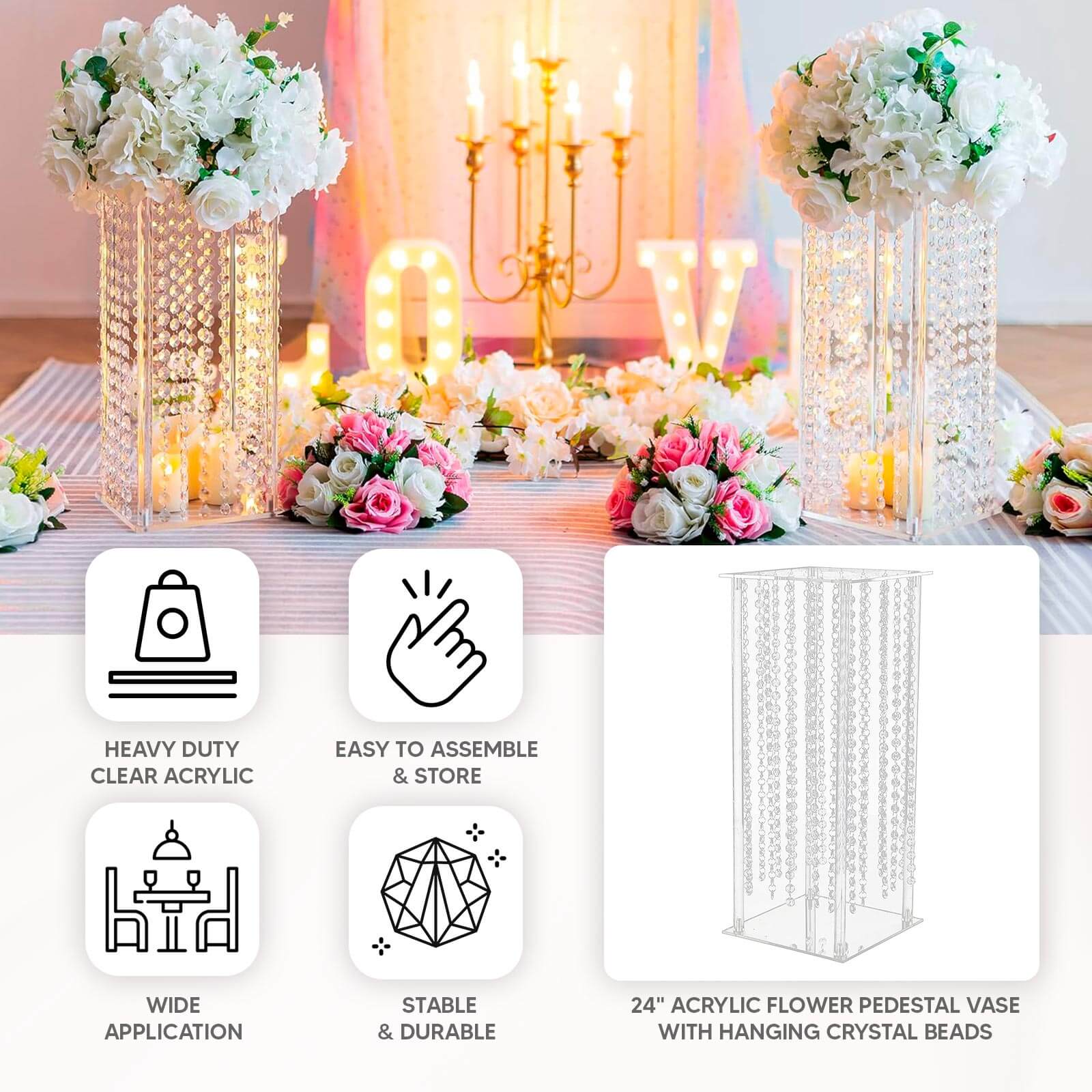 Acrylic Flower Pedestal Vase Pillar Stand with Crystal Beads Clear - Durable Wedding Table Centerpiece 24" - Bell Racket Store