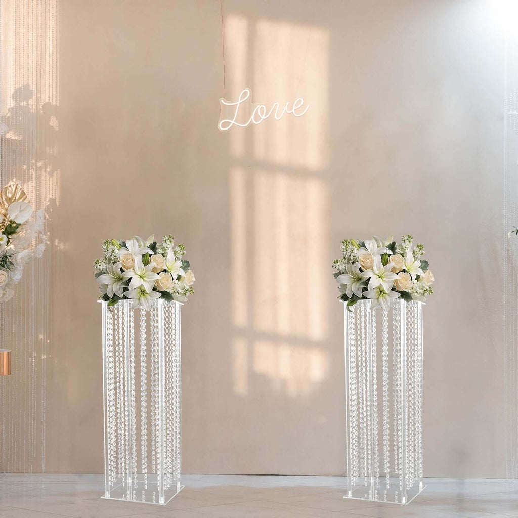 Acrylic Flower Pedestal Vase Pillar Stand with Crystal Beads Clear - Stylish Wedding Floor Centerpiece 40" - Bell Racket Store