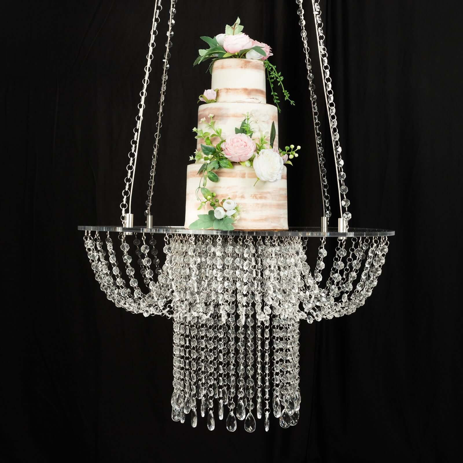 Acrylic Hanging Chandelier Cake Stand with Crystal Drapes - Suspended Round Wedding Cake Swing with 5ft Steel Wire Chains 25" - Bell Racket Store
