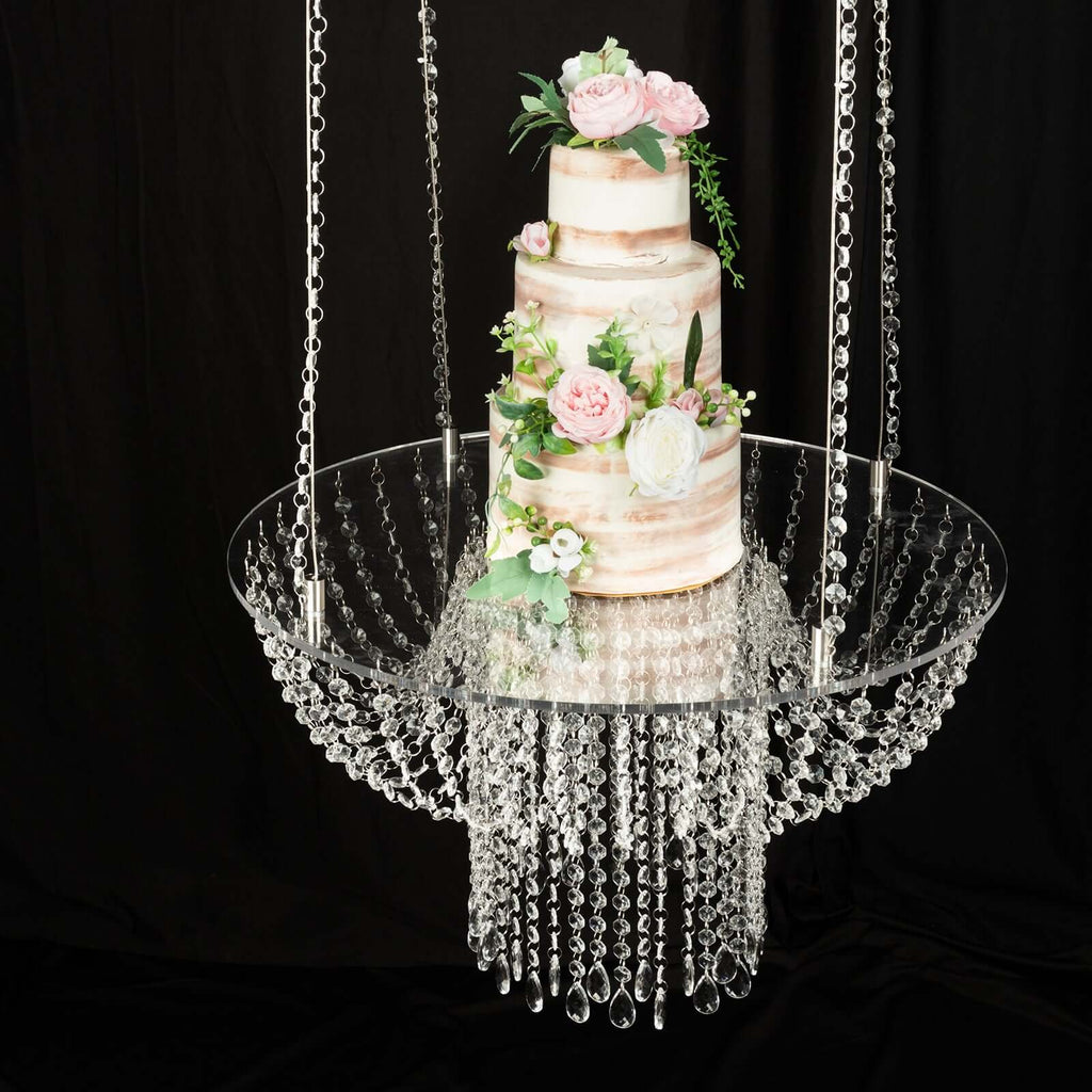 Acrylic Hanging Chandelier Cake Stand with Crystal Drapes - Suspended Round Wedding Cake Swing with 5ft Steel Wire Chains 25" - Bell Racket Store