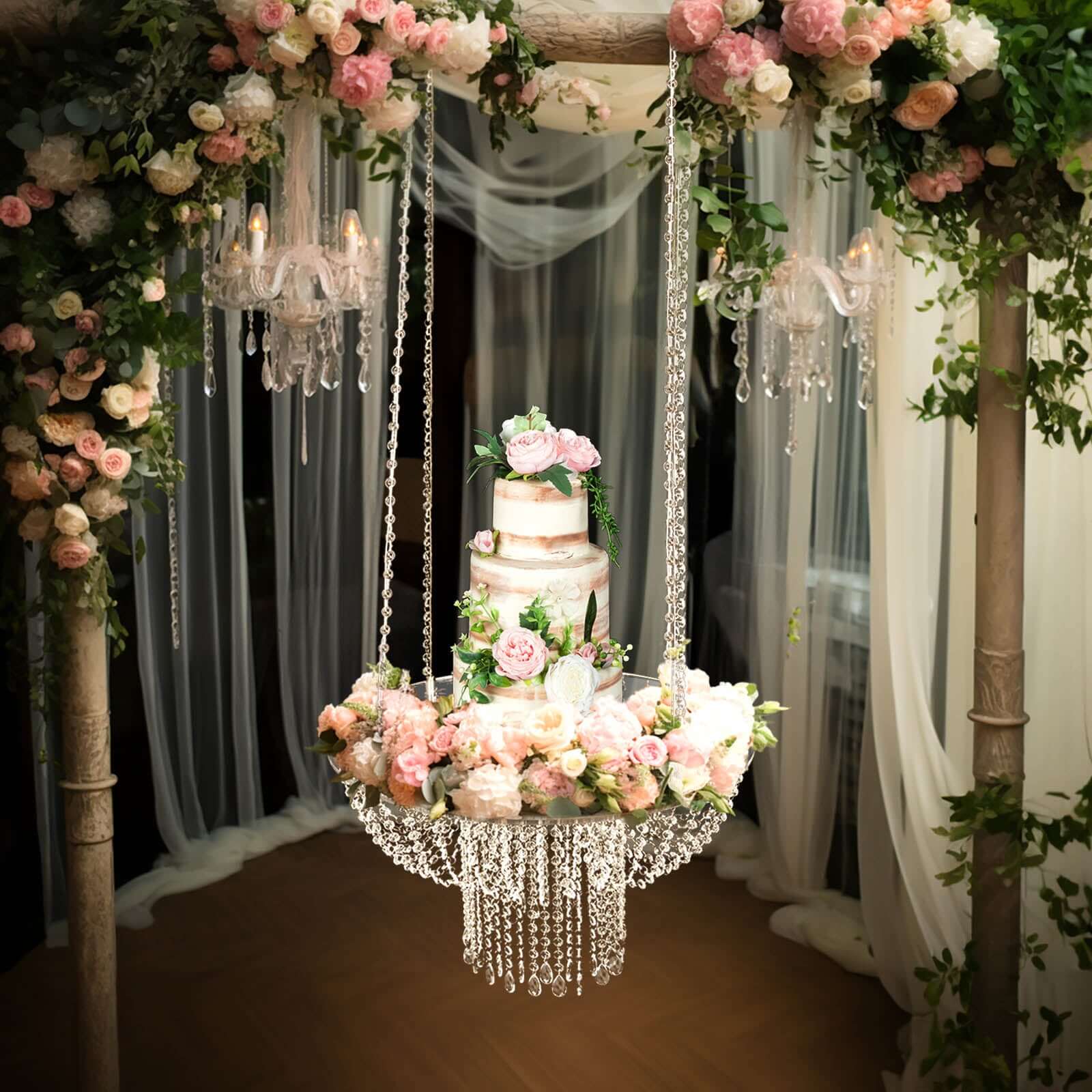 Acrylic Hanging Chandelier Cake Stand with Crystal Drapes - Suspended Round Wedding Cake Swing with 5ft Steel Wire Chains 25" - Bell Racket Store