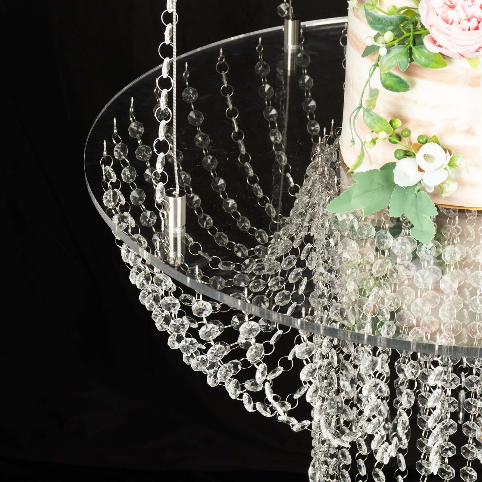 Acrylic Hanging Chandelier Cake Stand with Crystal Drapes - Suspended Round Wedding Cake Swing with 5ft Steel Wire Chains 25" - Bell Racket Store
