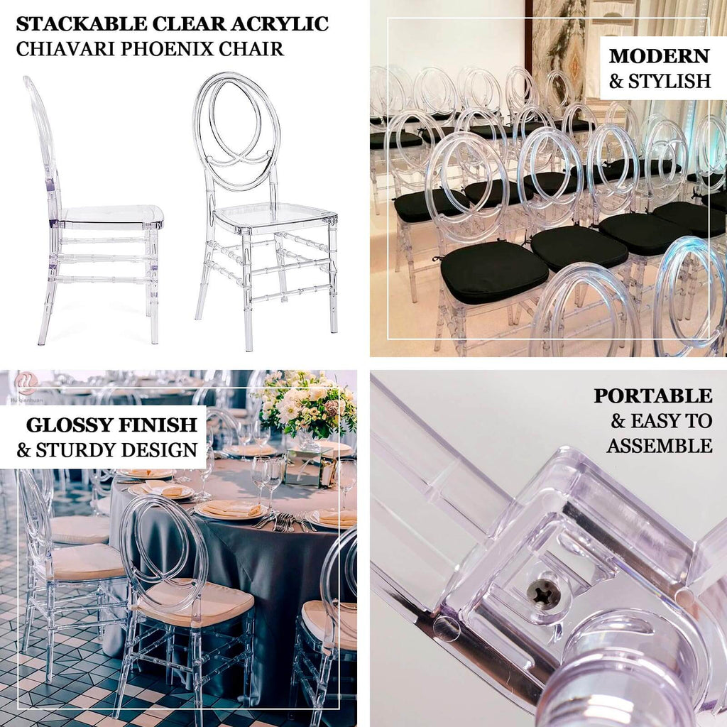 Acrylic Stackable Ghost Chair in Phoenix Chiavari style Transparent Resin with Oval Back Clear - Sleek Armless Design for Weddings & Gatherings - Bell Racket Store