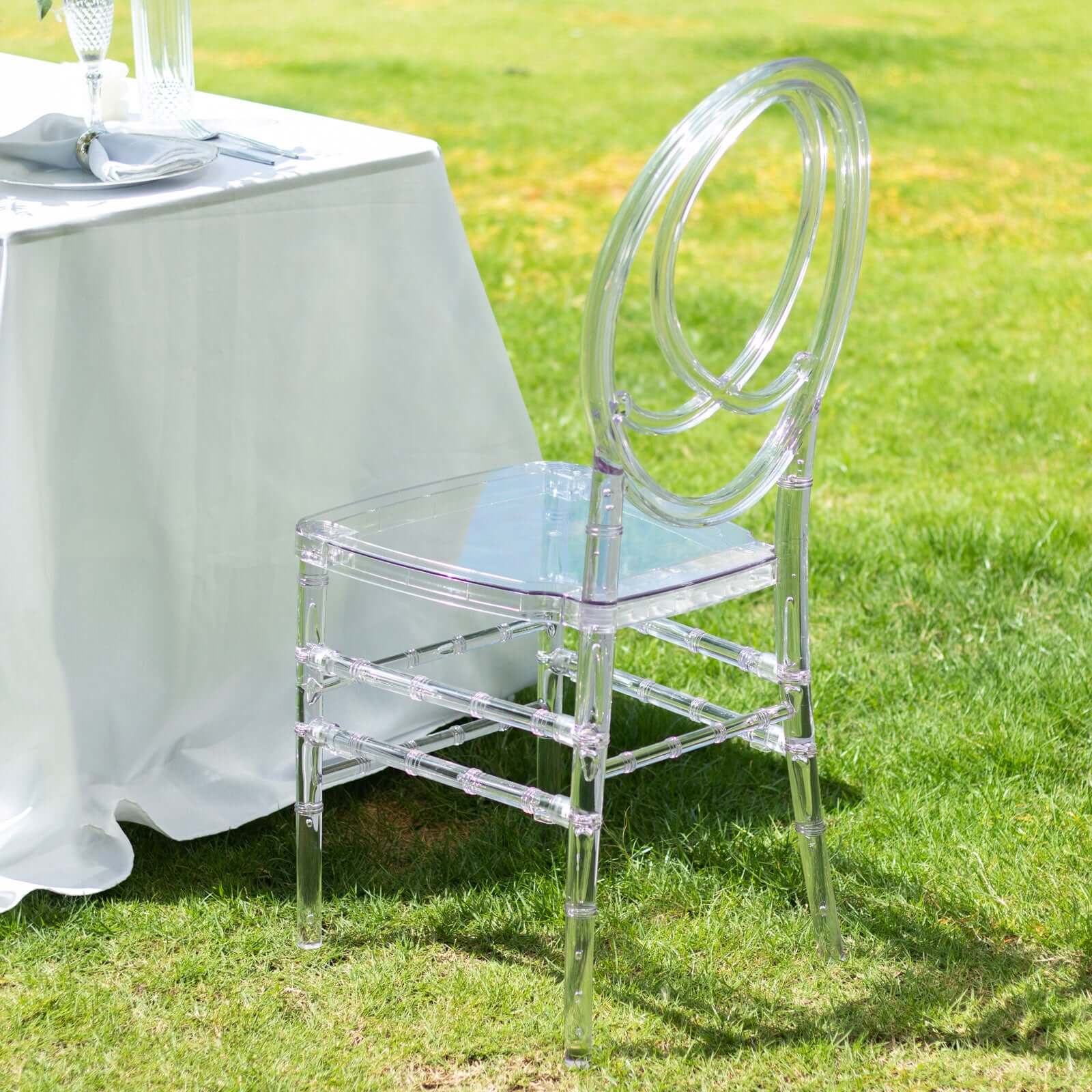 Acrylic Stackable Ghost Chair in Phoenix Chiavari style Transparent Resin with Oval Back Clear - Sleek Armless Design for Weddings & Gatherings - Bell Racket Store