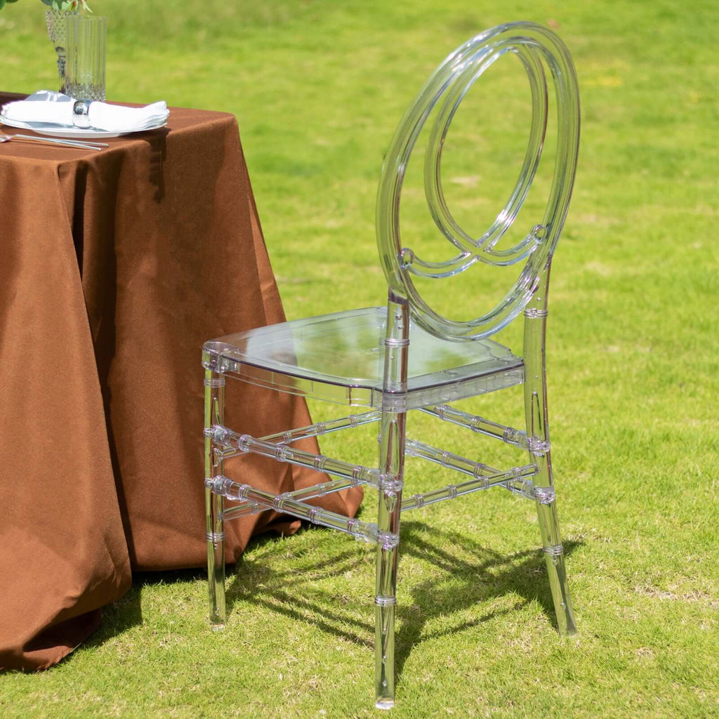 Acrylic Stackable Ghost Chair in Phoenix Chiavari style Transparent Resin with Oval Back Clear - Sleek Armless Design for Weddings & Gatherings - Bell Racket Store