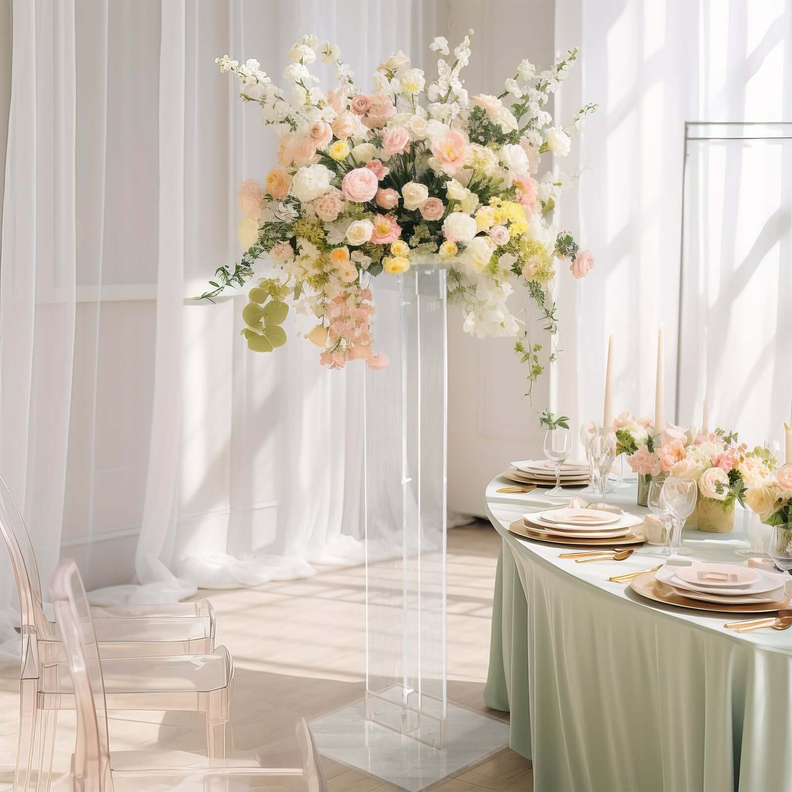 Acrylic Wedding Aisle Display Stand Flower Pedestal with Square Bases Clear - Durable 10mm Thick Centerpiece for Events 46" - Bell Racket Store