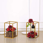 2-Pack Wedding Flower Stand Gold Metal Geometric Column Frame Rectangular - Versatile Floral Pedestal for Sophisticated Arrangements 12"