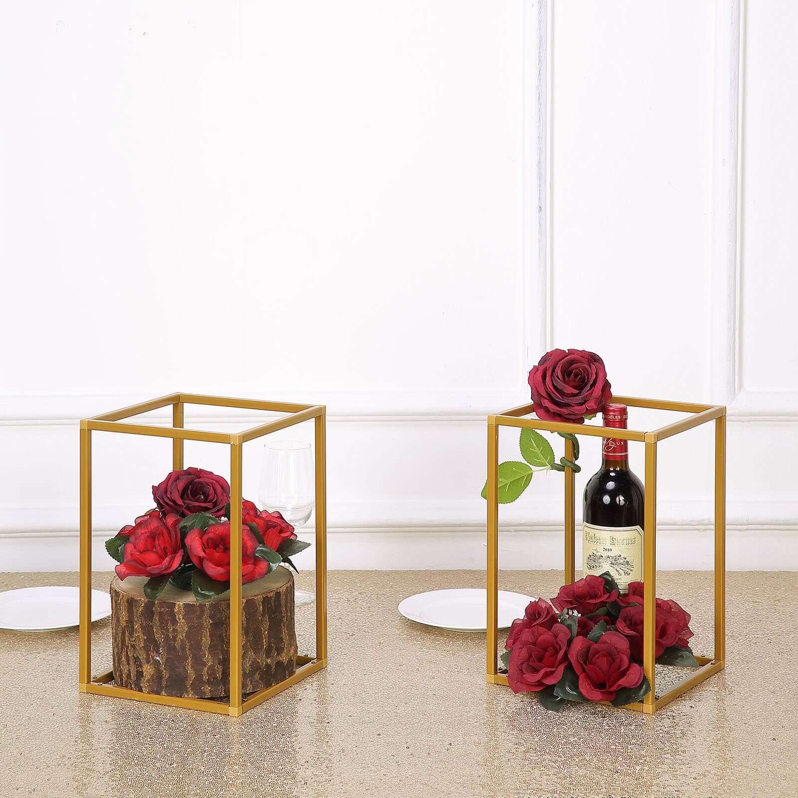 2-Pack Wedding Flower Stand Gold Metal Geometric Column Frame Rectangular - Versatile Floral Pedestal for Sophisticated Arrangements 12"