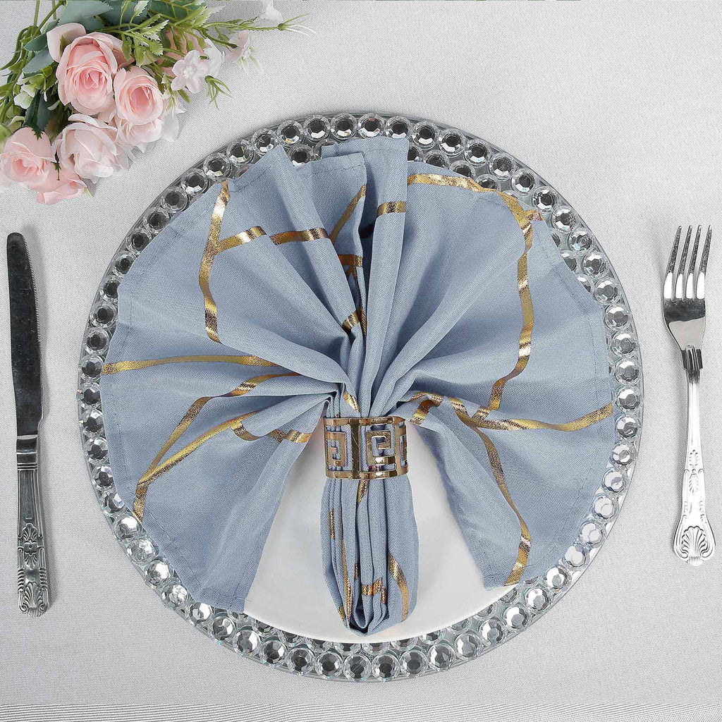 5 Pack Polyester 20"x20" Napkins Dusty Blue with Gold Geometric Foil Pattern - Modern Reusable Dinner Napkins