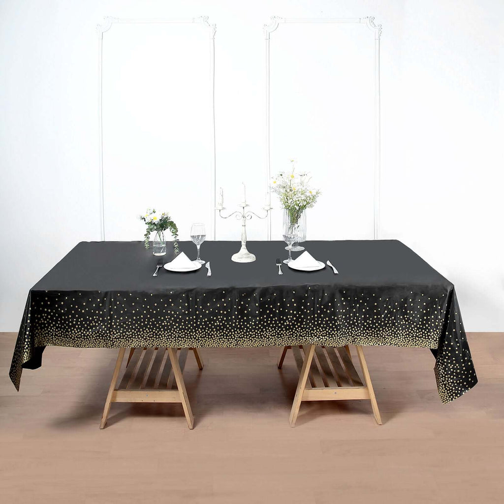 5-Pack Plastic Table Covers Black Rectangle with Gold Confetti Dots - Durable PVC Disposable Tablecloths for Events 54"x108"