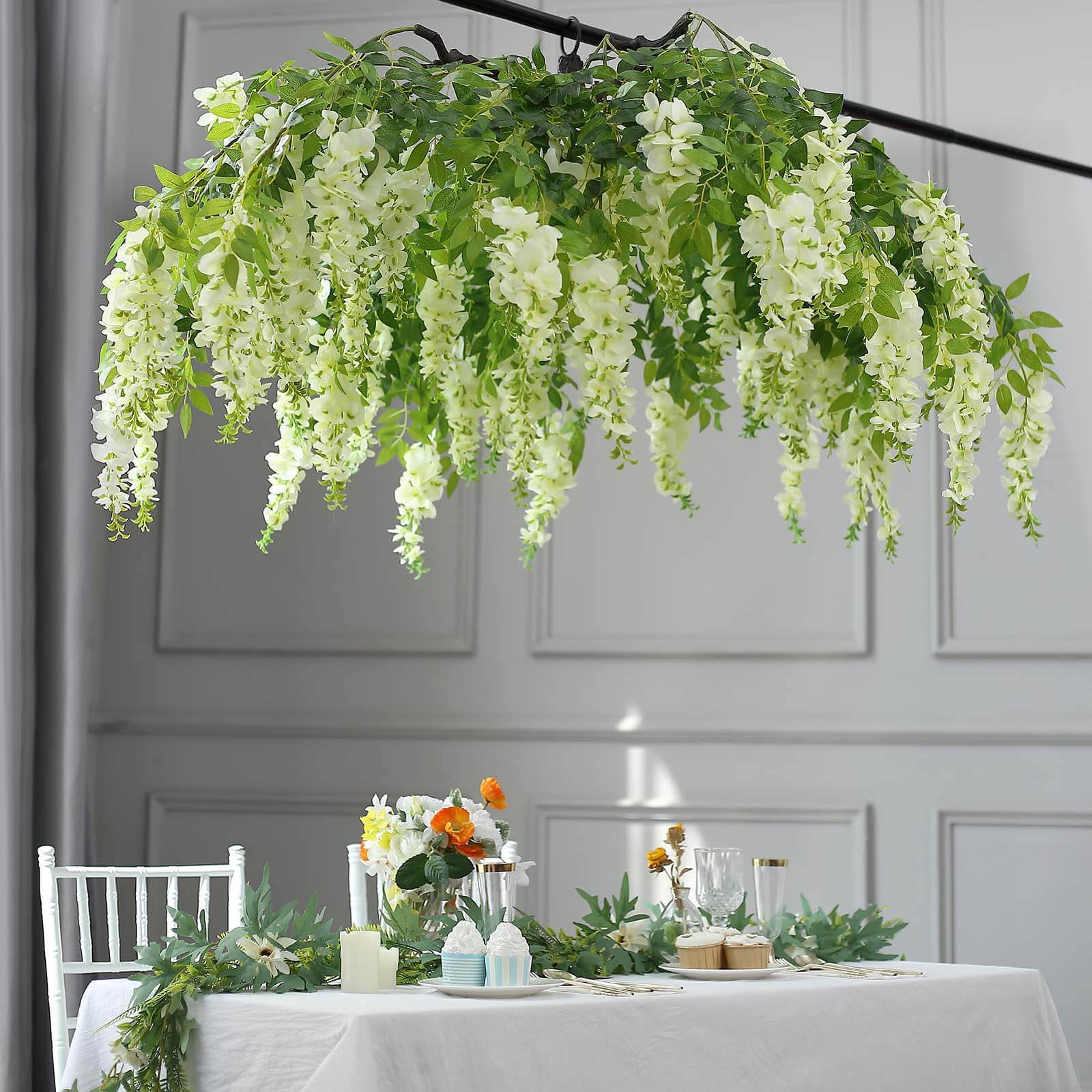 55" Cream Artificial Silk Hanging Wisteria Vine Flower Chandelier, Round Draping Garland Canopy With Interchangeable Branches