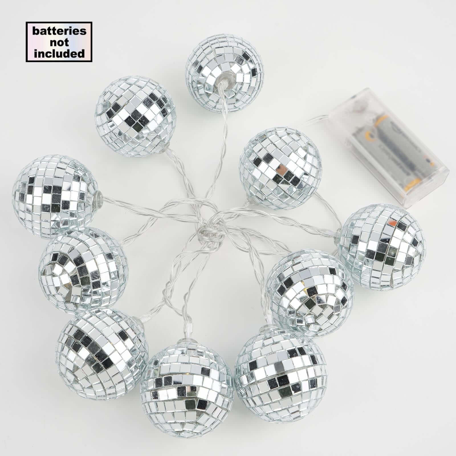 10 LED String Light Garland Silver Disco Mirror Ball Warm White - Battery Operated Event DÃ©cor 6ft