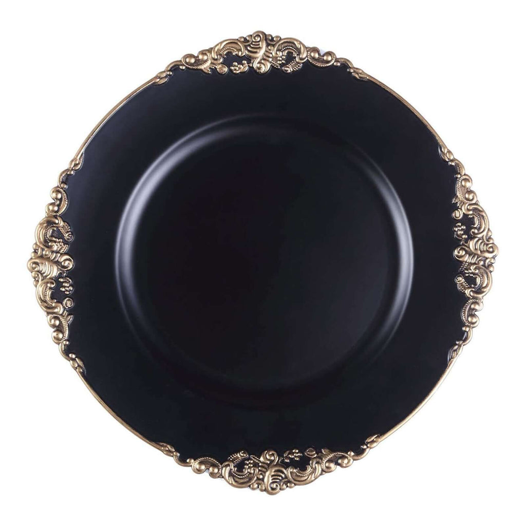 6-Pack Acrylic Round Charger Plates 13" in Matte Black with Gold Embossed Baroque Rim, Antique Decorative Dinner Party Charger Tableware