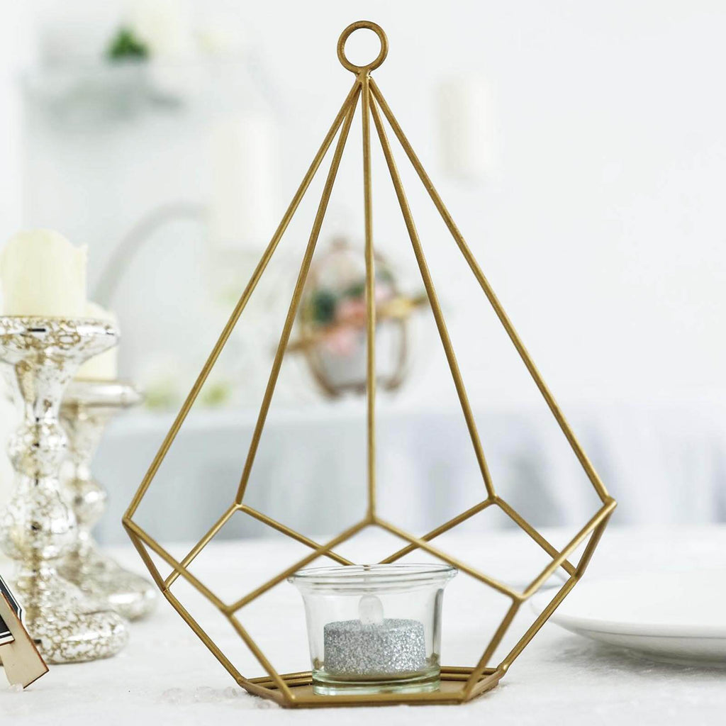 2-Pack Tealight Candle Holders Gold Metal Pentagon Geometric Open Frame - Flower Stand 9"
