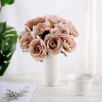 12" Dusty Rose Artificial Velvet-Like Fabric Rose Flower Bouquet Bush