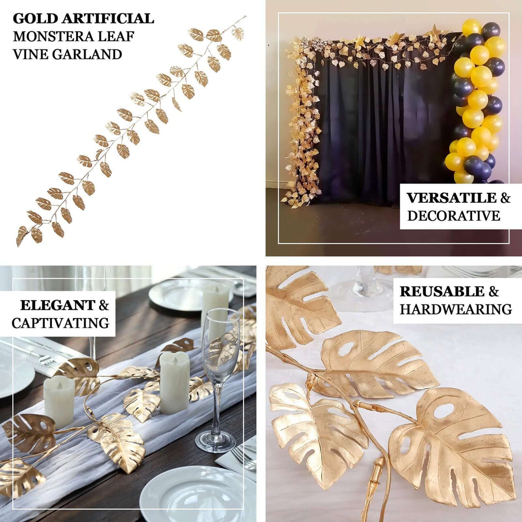 Artificial Monstera Leaf Hanging Vine Metallic Gold - Faux Table Garland for Tropical Outdoor & Boho - Inspired Events 7ft - Bell Racket Store