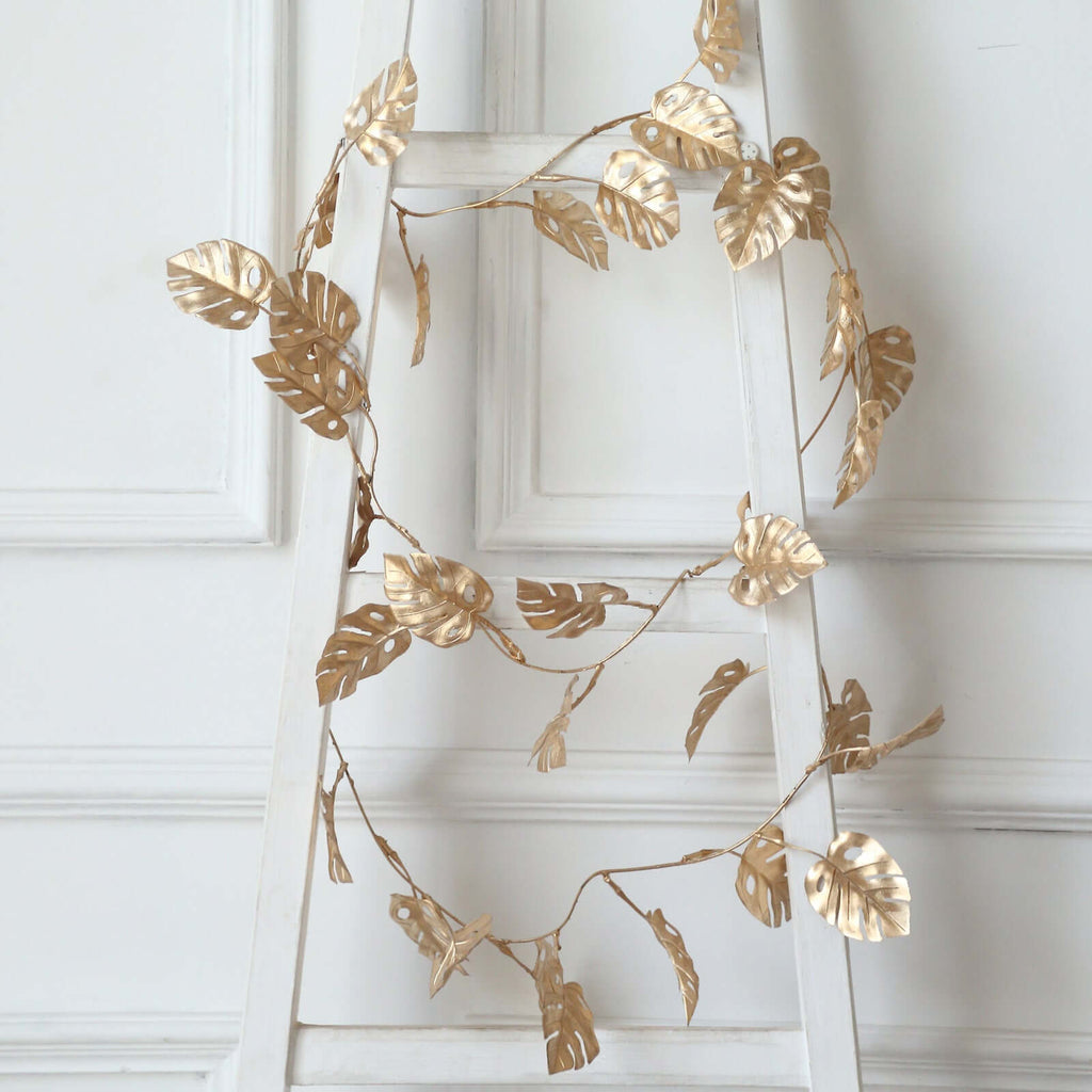 Artificial Monstera Leaf Hanging Vine Metallic Gold - Faux Table Garland for Tropical Outdoor & Boho - Inspired Events 7ft - Bell Racket Store