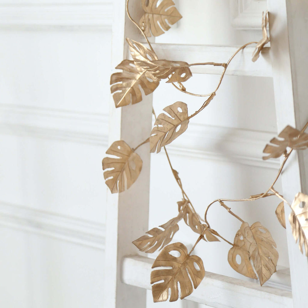 Artificial Monstera Leaf Hanging Vine Metallic Gold - Faux Table Garland for Tropical Outdoor & Boho - Inspired Events 7ft - Bell Racket Store