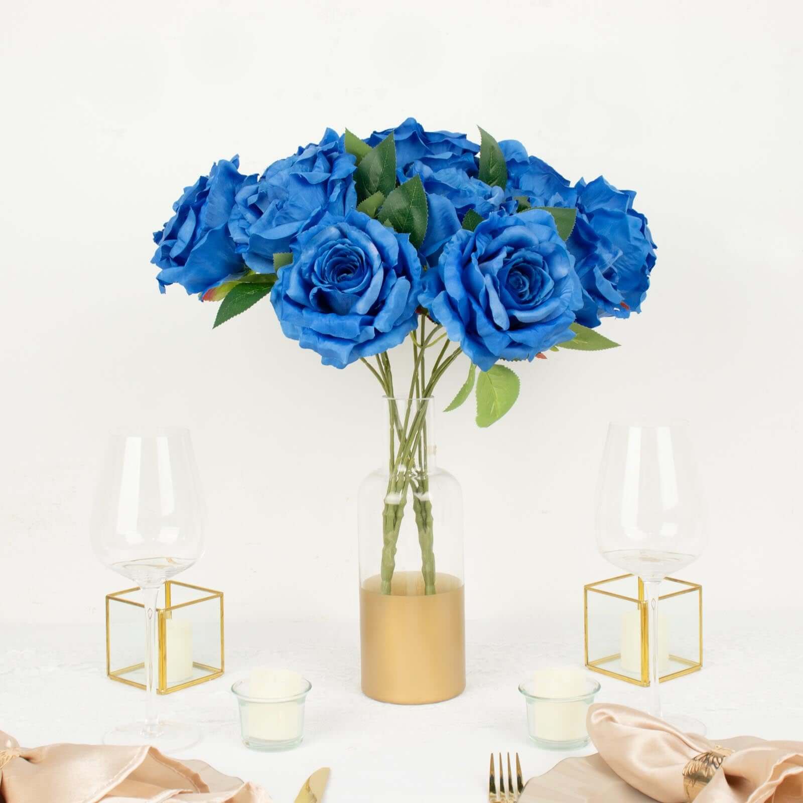 2 Bushes 17" Royal Blue Premium Silk Jumbo Rose Flower Bouquet, High Quality Artificial Wedding Floral Arrangements