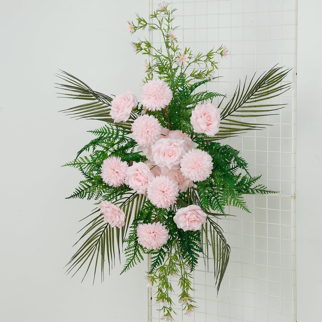 Artificial Wedding Arch Flowers â€“ Blush Rose & Chrysanthemum Swag with Greenery and Palm Leaves - Bell Racket Store