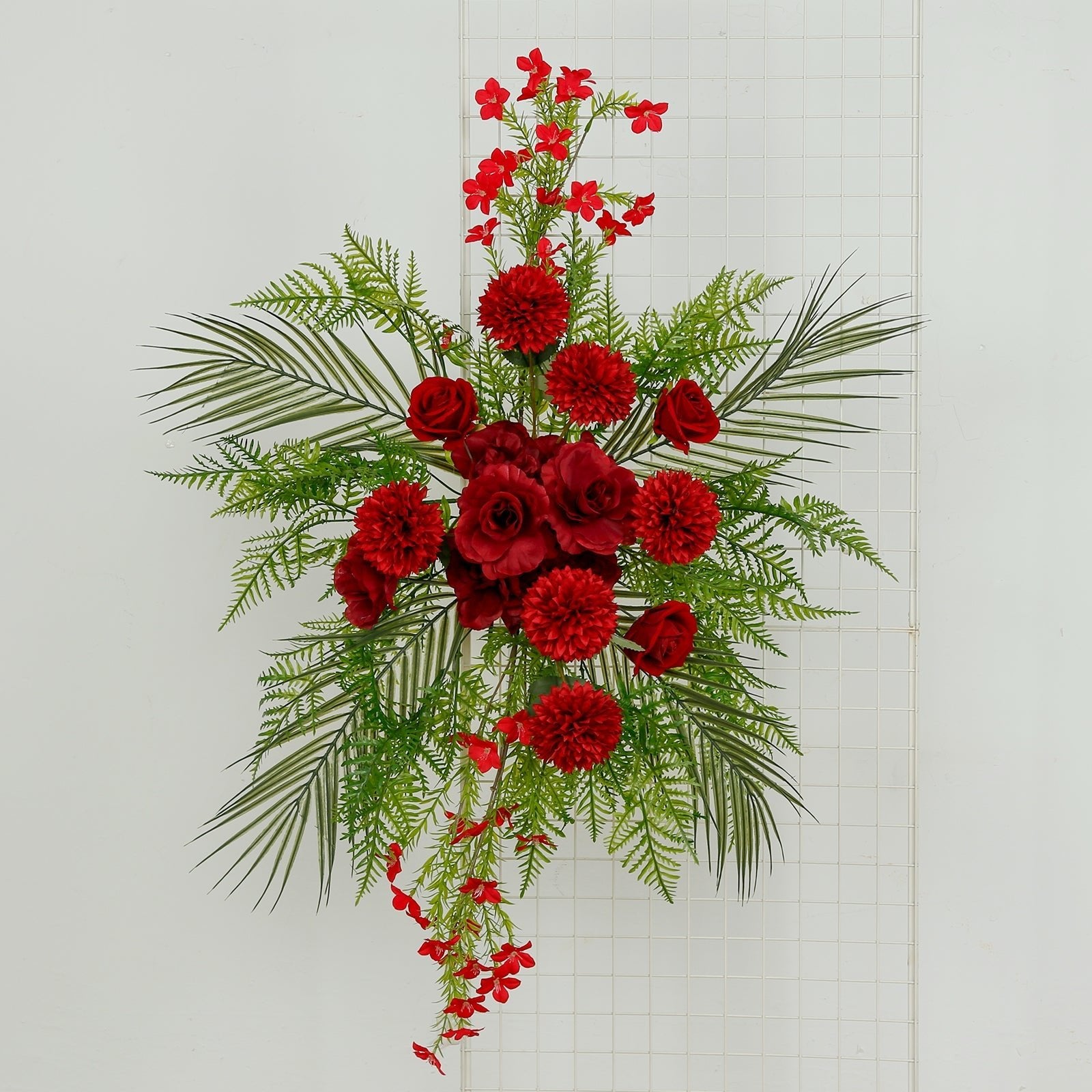 Artificial Wedding Arch Flowers â€“ Burgundy Rose & Chrysanthemum Swag with Greenery and Palm Leaves - Bell Racket Store