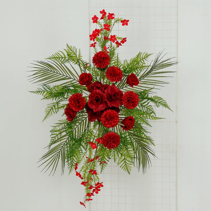 Artificial Wedding Arch Flowers â€“ Burgundy Rose & Chrysanthemum Swag with Greenery and Palm Leaves - Bell Racket Store